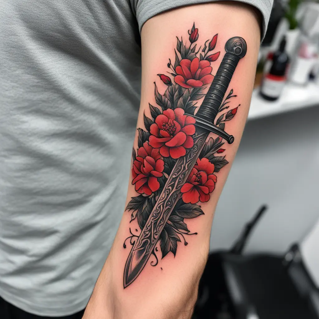 a black sword with red flowers around it