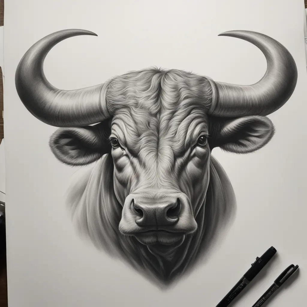 A bull running head down horns, tail up. Friendly but serious.