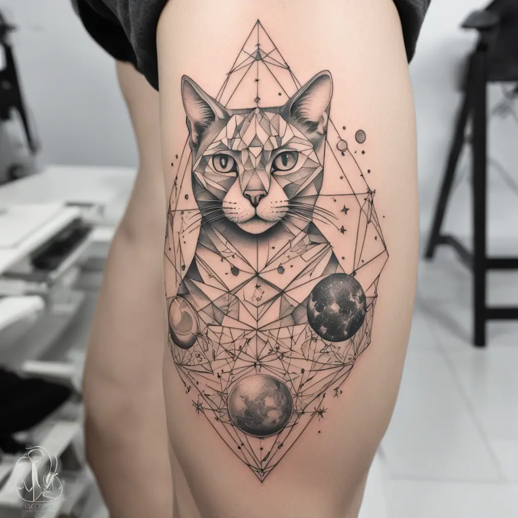 a cat 2 color in geometrics and scetch style with univers, solarsystem, earth,