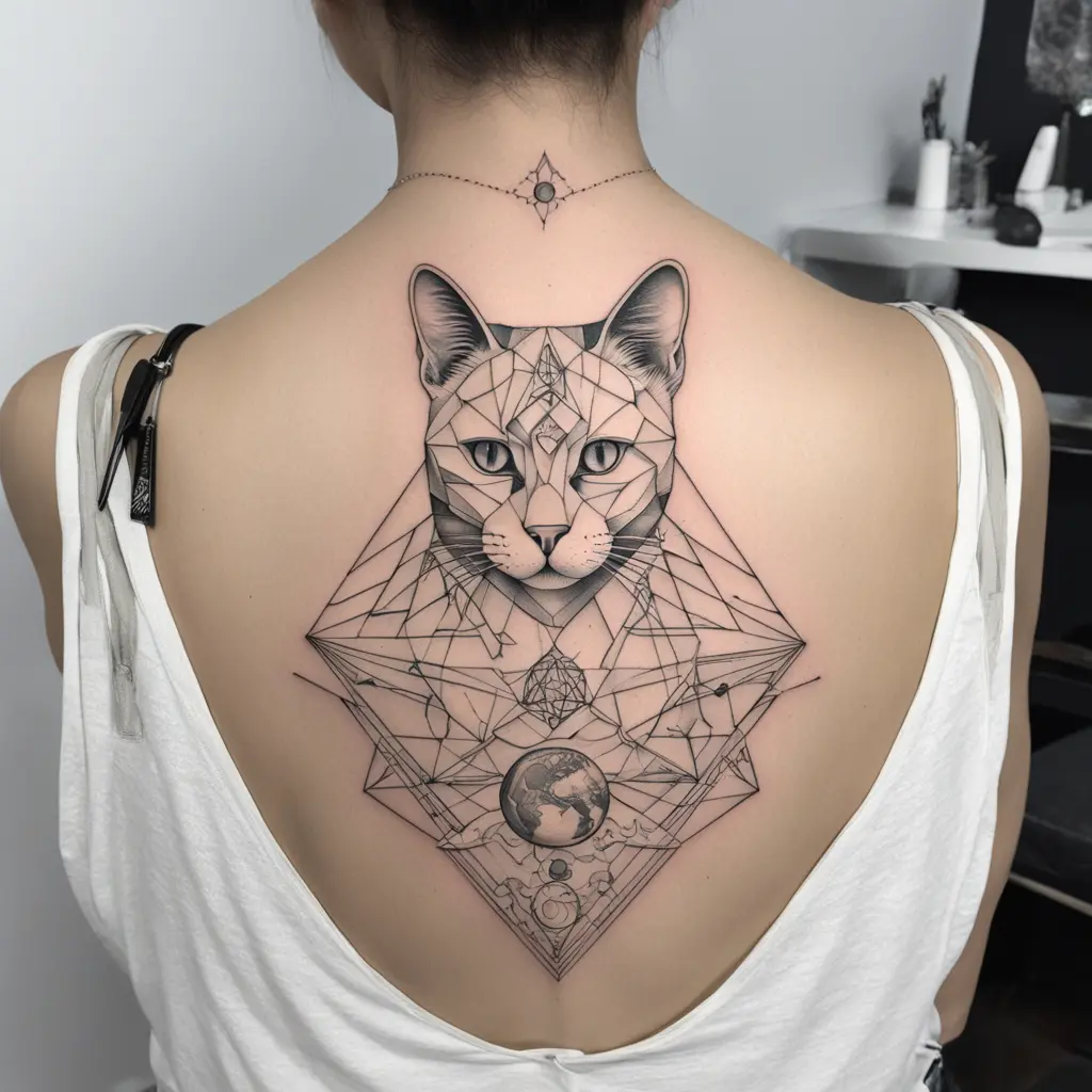 a cat back white 
 in geometrics and scetch style with univers, solarsystem, earth, b