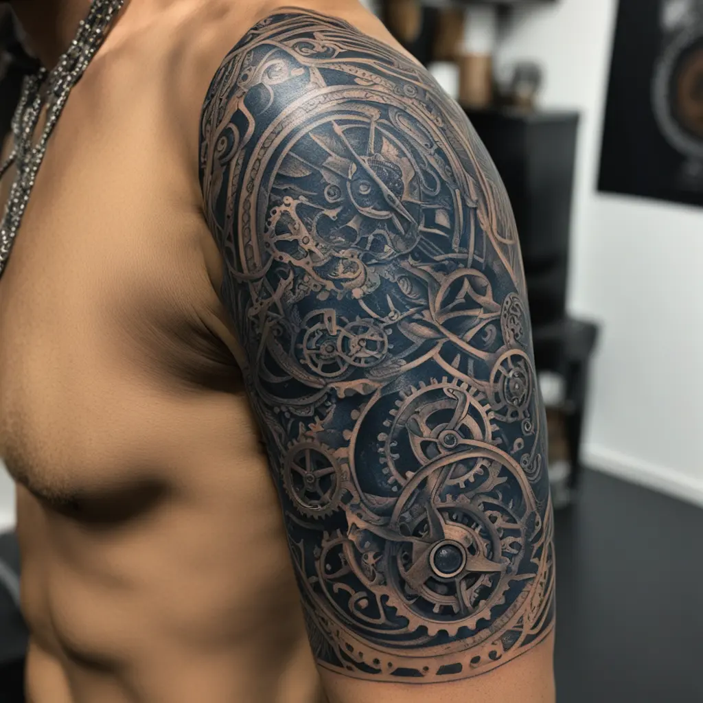 A close-up of a black ink tattoo on an inner forearm, featuring a steampunk-style Libra scales with gears and chains