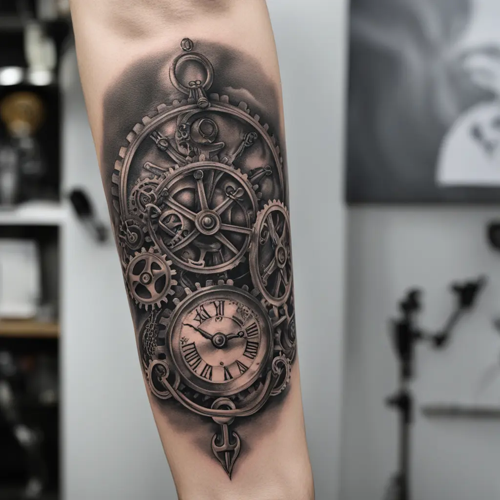 A close-up of a black ink tattoo on an inner forearm, featuring a steampunk-style Libra scales with gears and chains. Roman numerals "XXIII-XXII" sit above