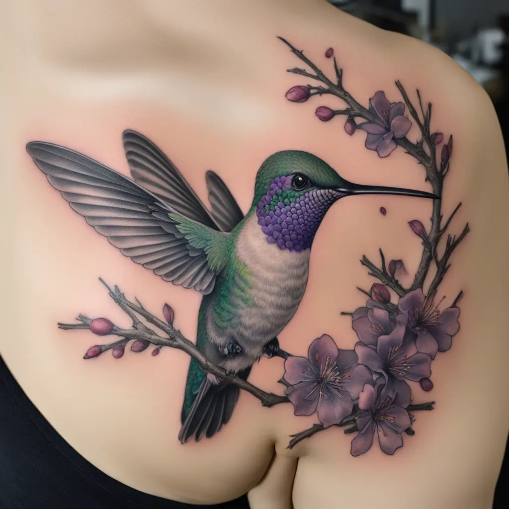 A colorful realistic ruphas hummingbird with pine tree branches and a purple coloumbine flower