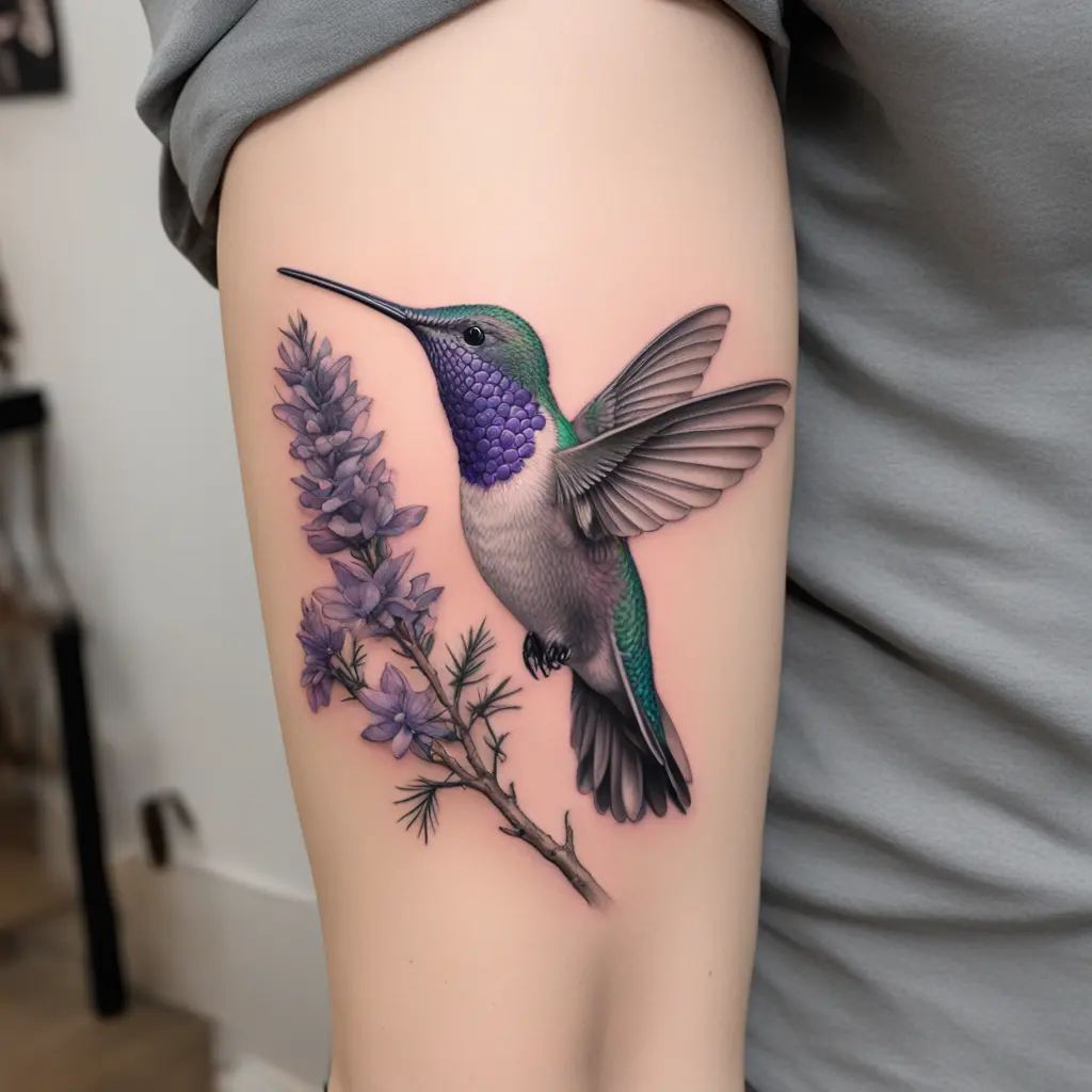 A colorful realistic ruphas hummingbird with pine tree branches and a purple coloumbine flower