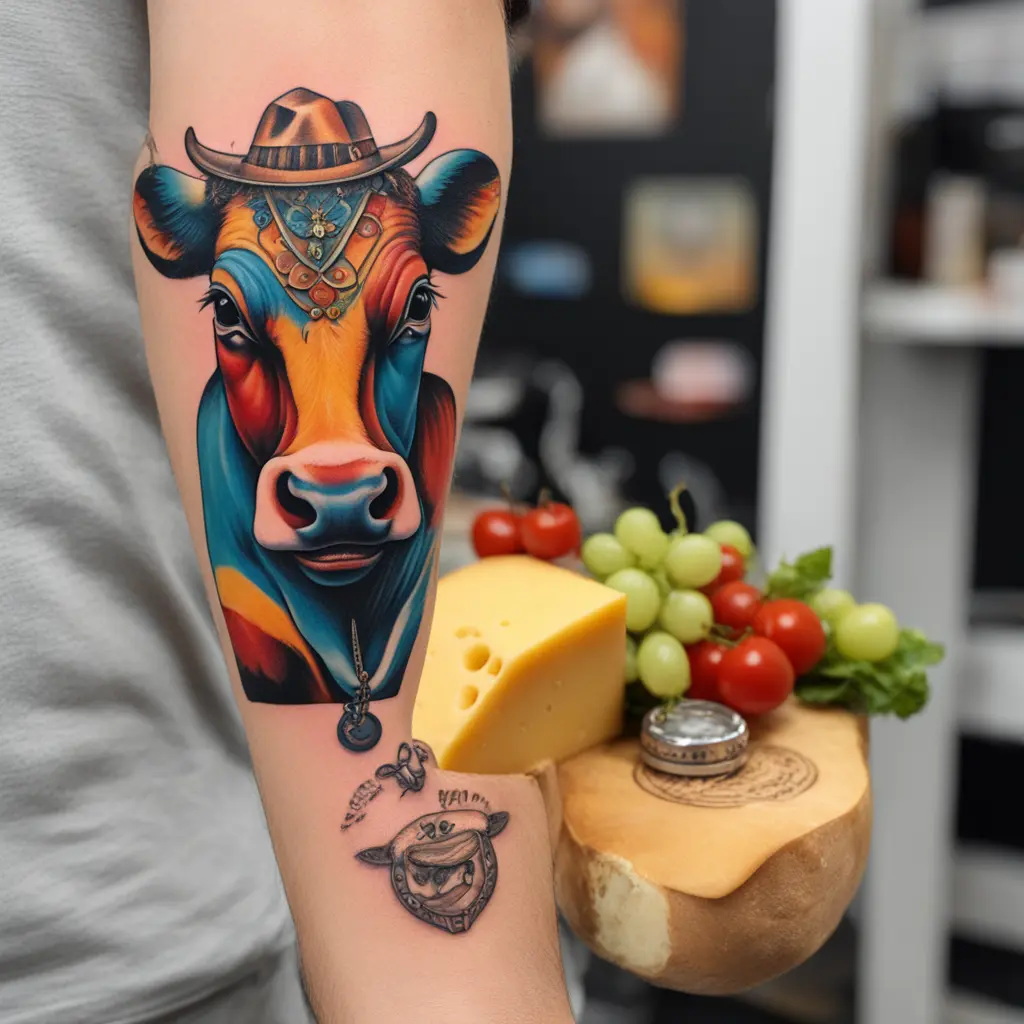 A cow and a piece of cheese with some adornment