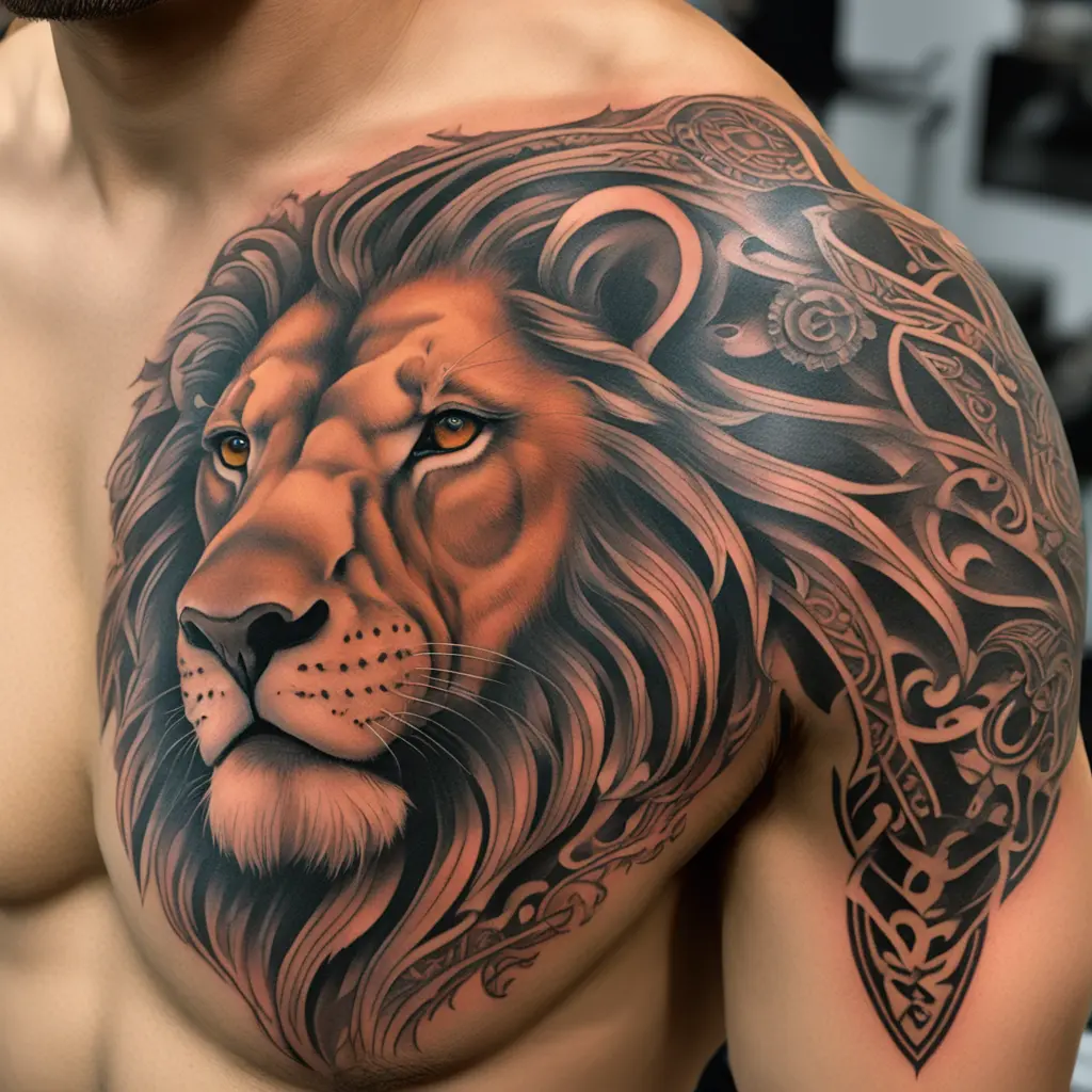 A face of a Lion in the left chest, and also a discreet tribal in the arm and neck of the same side