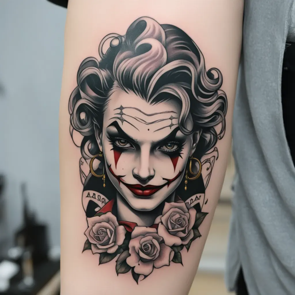 A hand tattoo joker's face