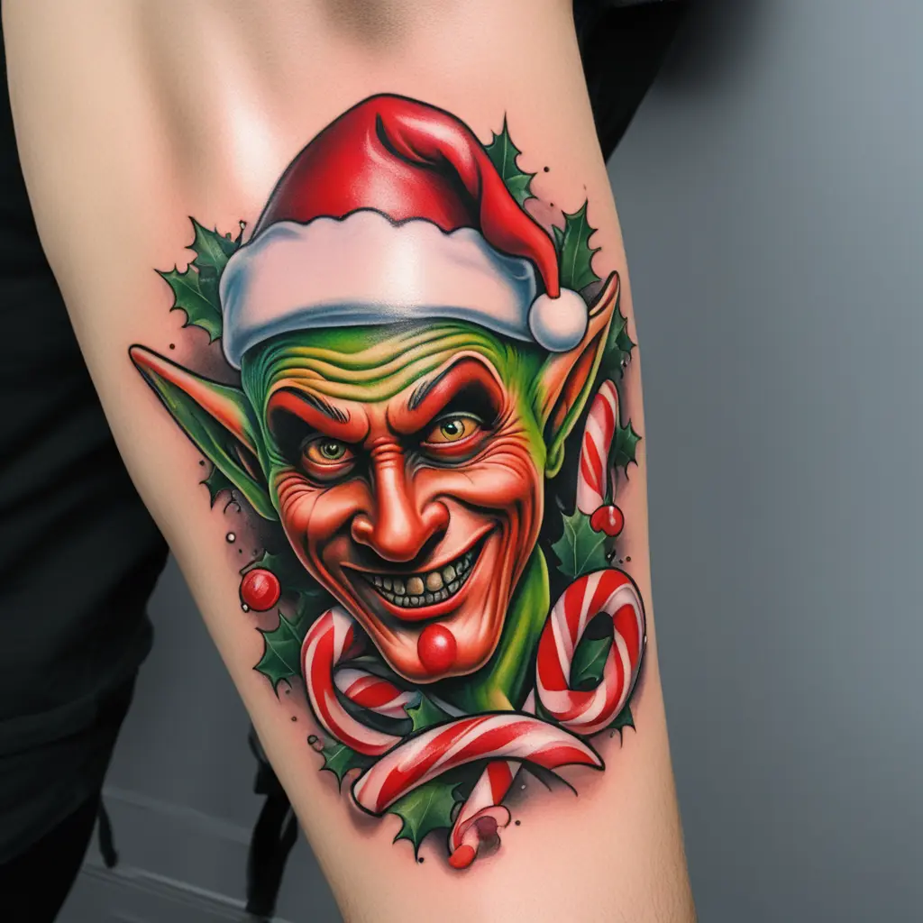 A horror Christmas elf head with some dripping candy canes 