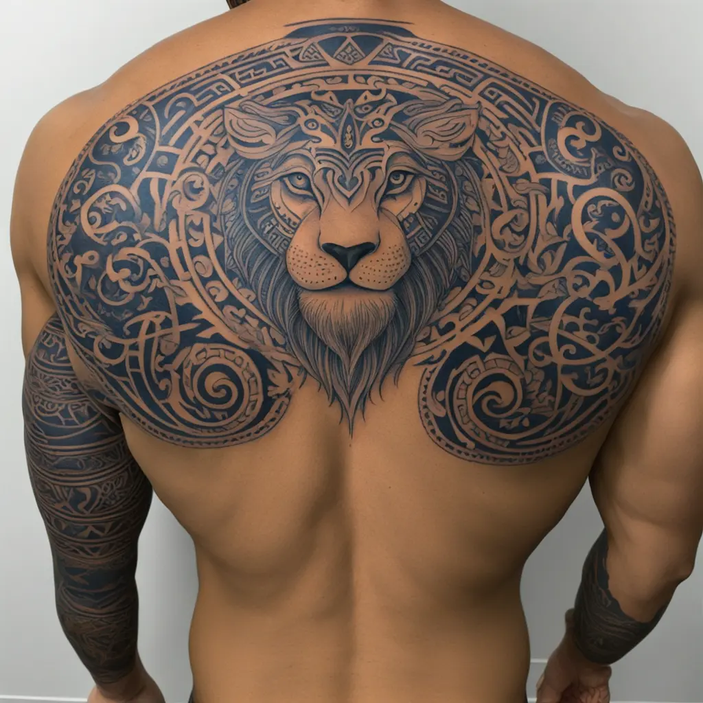 A lion in the chest and a tribal in arm and neck