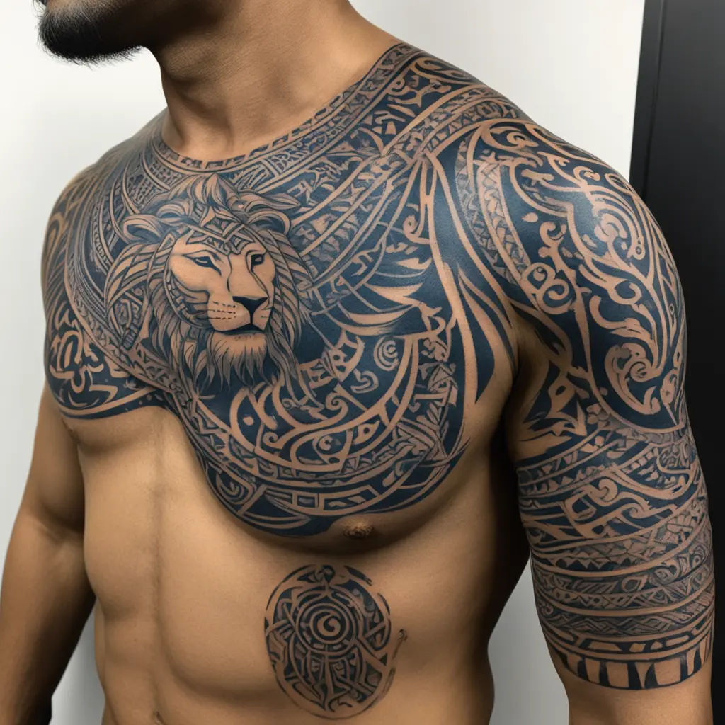 A lion in the chest and a tribal in arm and neck