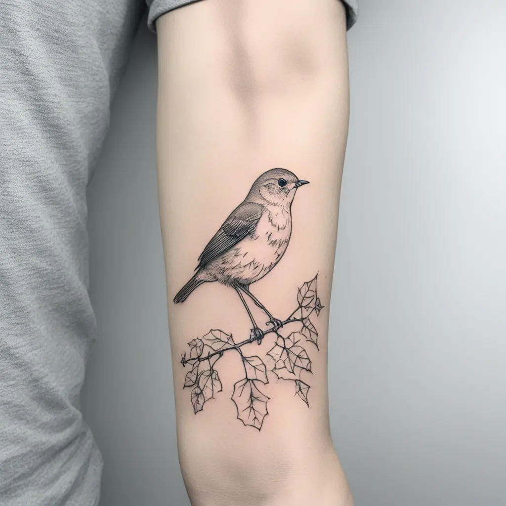 A little fine line robin tattoo that’s connected to ivy/ tree that wraps around the arm