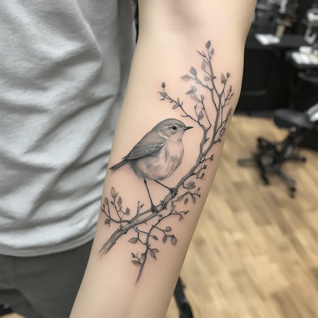 A minimalist robin tattoo that’s connected to vine/tree that wraps around the arm
