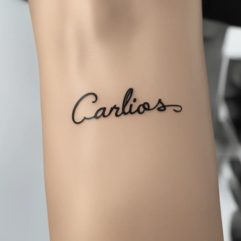 A Name written in the right hip the name is Carlos it should be a beautiful writing and small