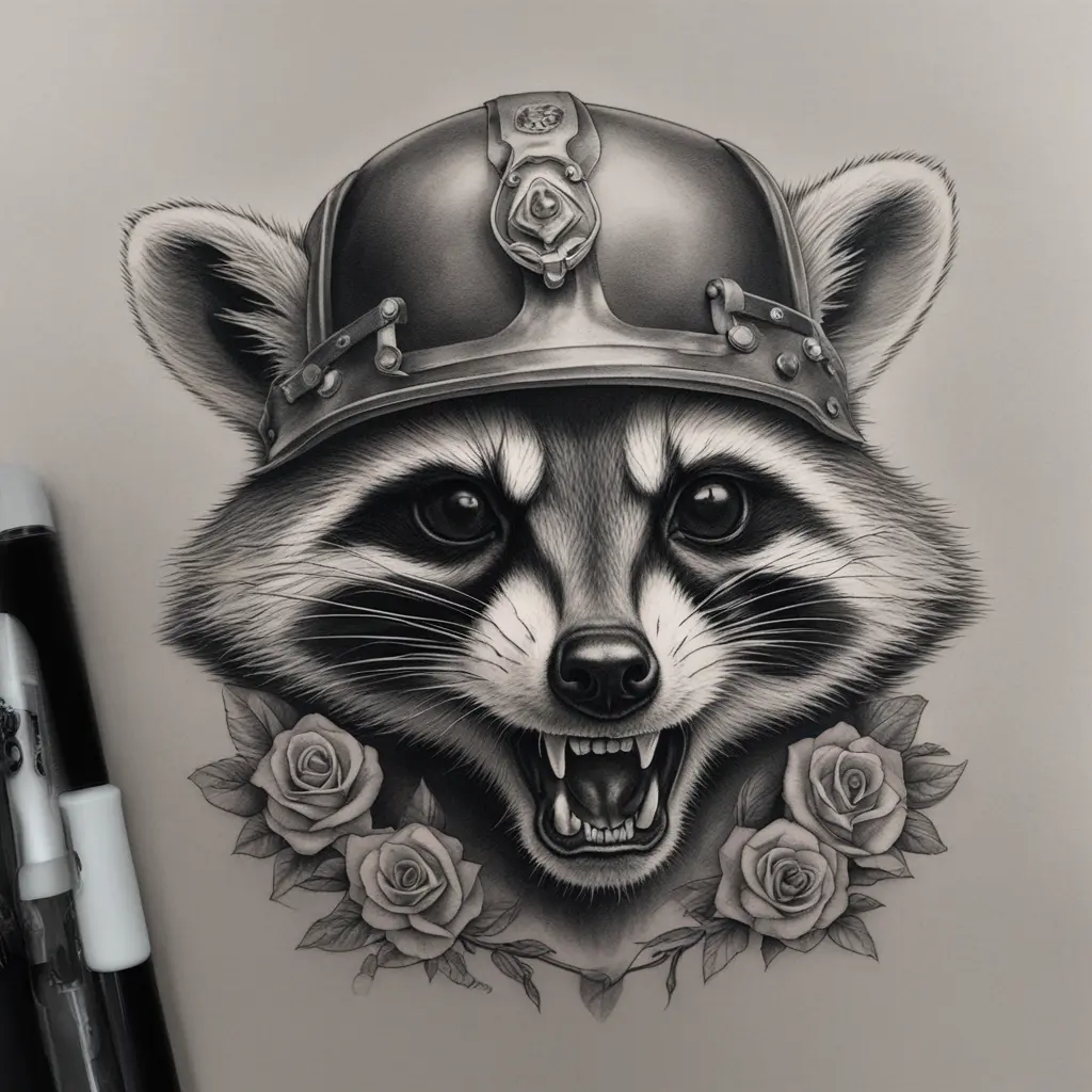 a rabid raccoon wearing a human skull as a helmet