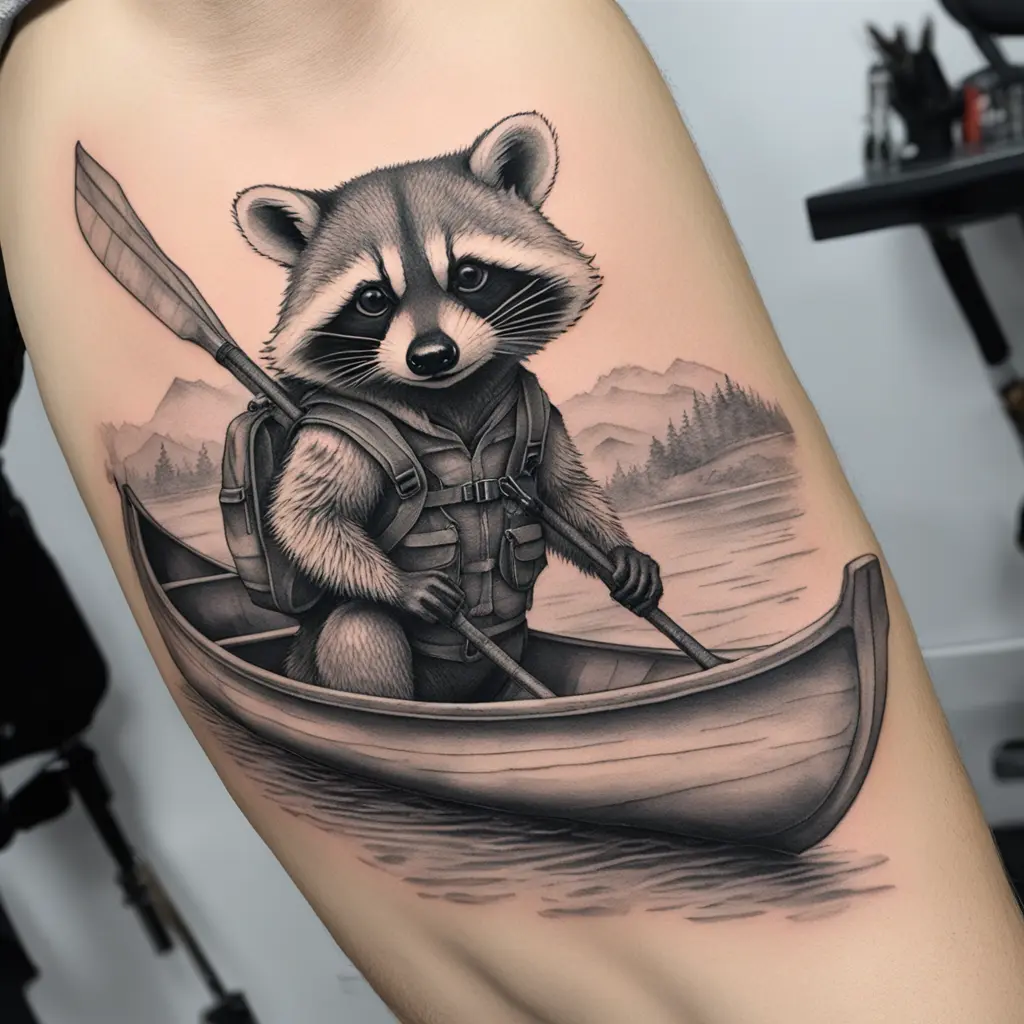 a raccoon wearing a backpack in a canoe