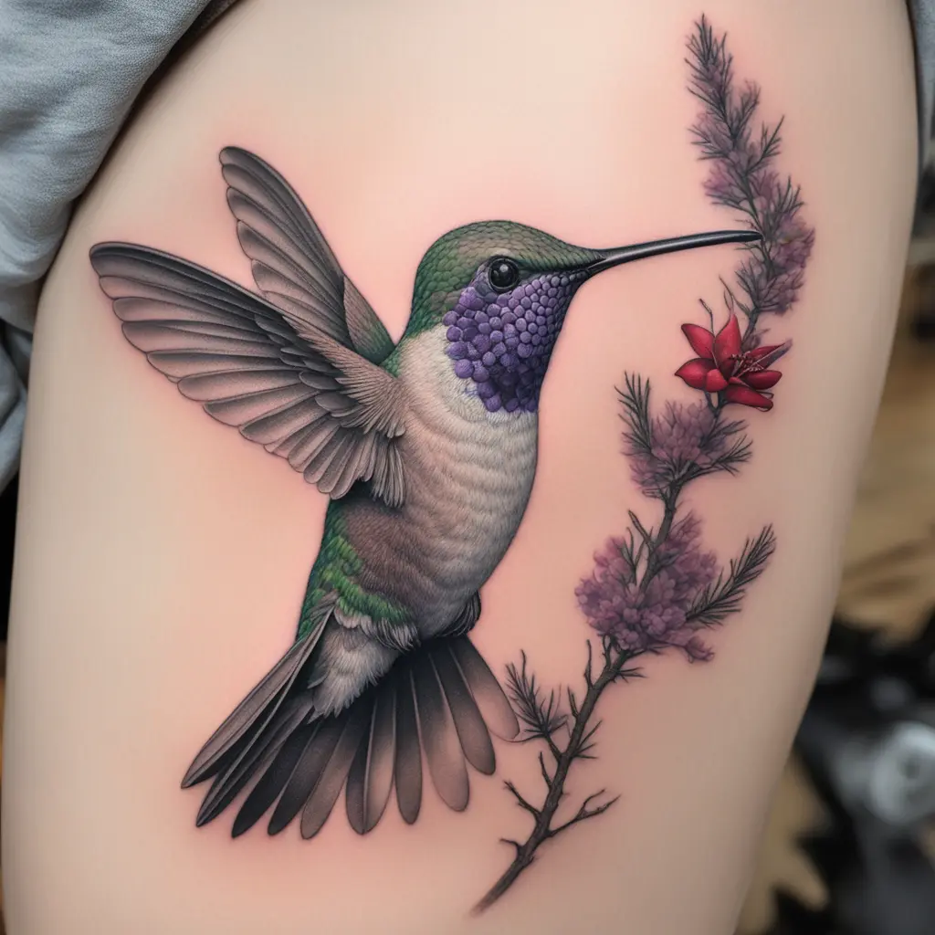 A realistic ruphas hummingbird with a red neck and with pine tree branches and a purple colombine flower