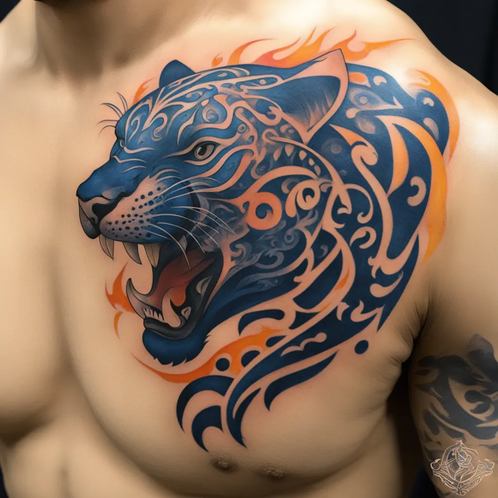 A roaring panther leaping through flames, with dramatic shading and vibrant accents.