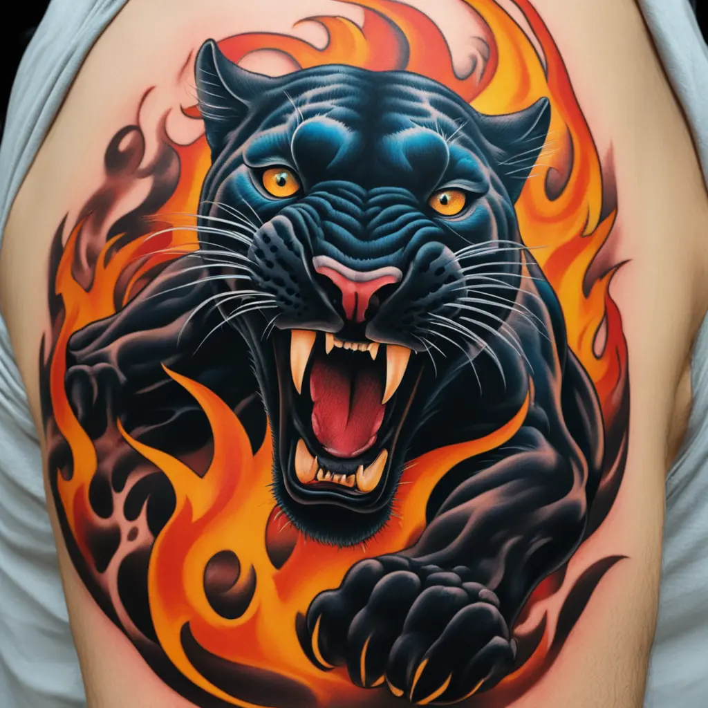 A roaring panther leaping through flames, with dramatic shading and vibrant accents.