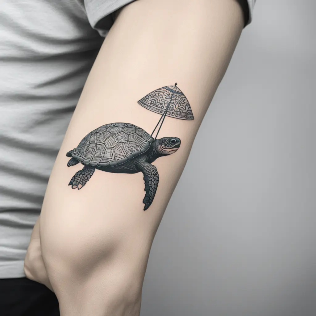 A turtle with a vietnamese hat where the shell of the turtle has a pattern of the ha long bay islands