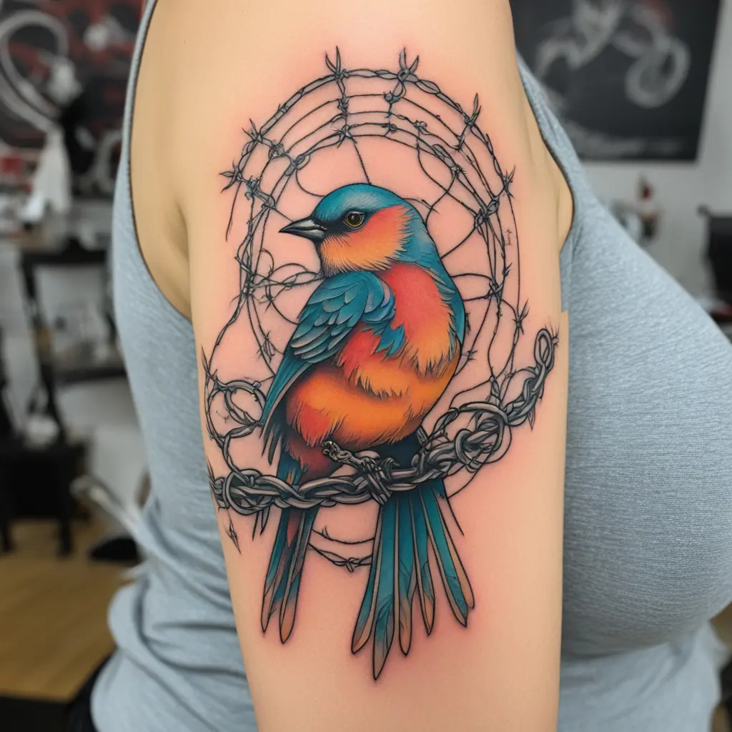 a vibrant bird perched on barbed wire