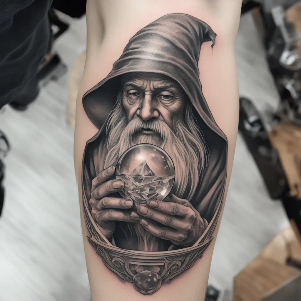 A Wizard playing the harmonica inside a broken crystal ball