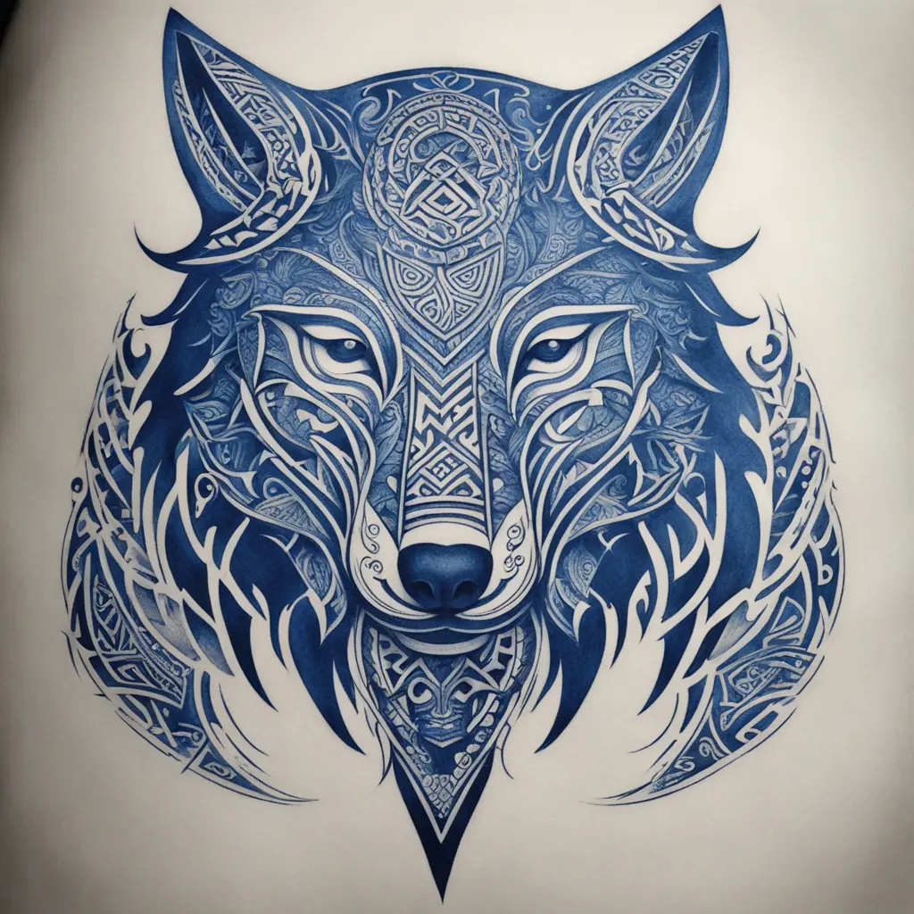 A wolf head and may types of shields and designs in a sleeves