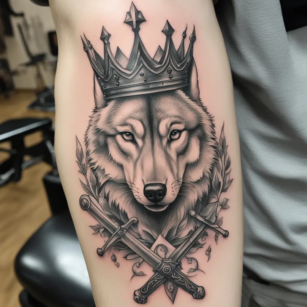 A wolf with a crown and a sword