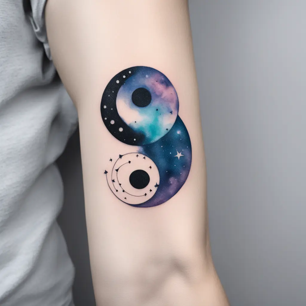 Abstract Yin Yang tattoo for two people, one carries Yin, the other Yang. Little bit of cosmic colors like galaxy dust, with flowing shapes, watercolor texture, mystical and spiritual vibe.
