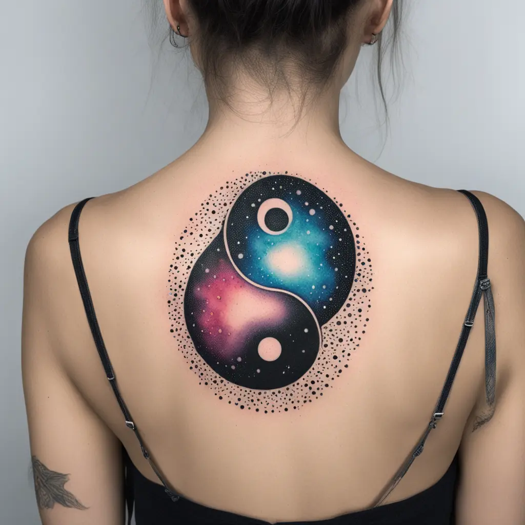 Abstract Yin Yang tattoo for two people, one carries Yin, the other Yang. Vibrant cosmic colors like galaxy dust, with flowing shapes, watercolor texture, mystical and spiritual vibe.
