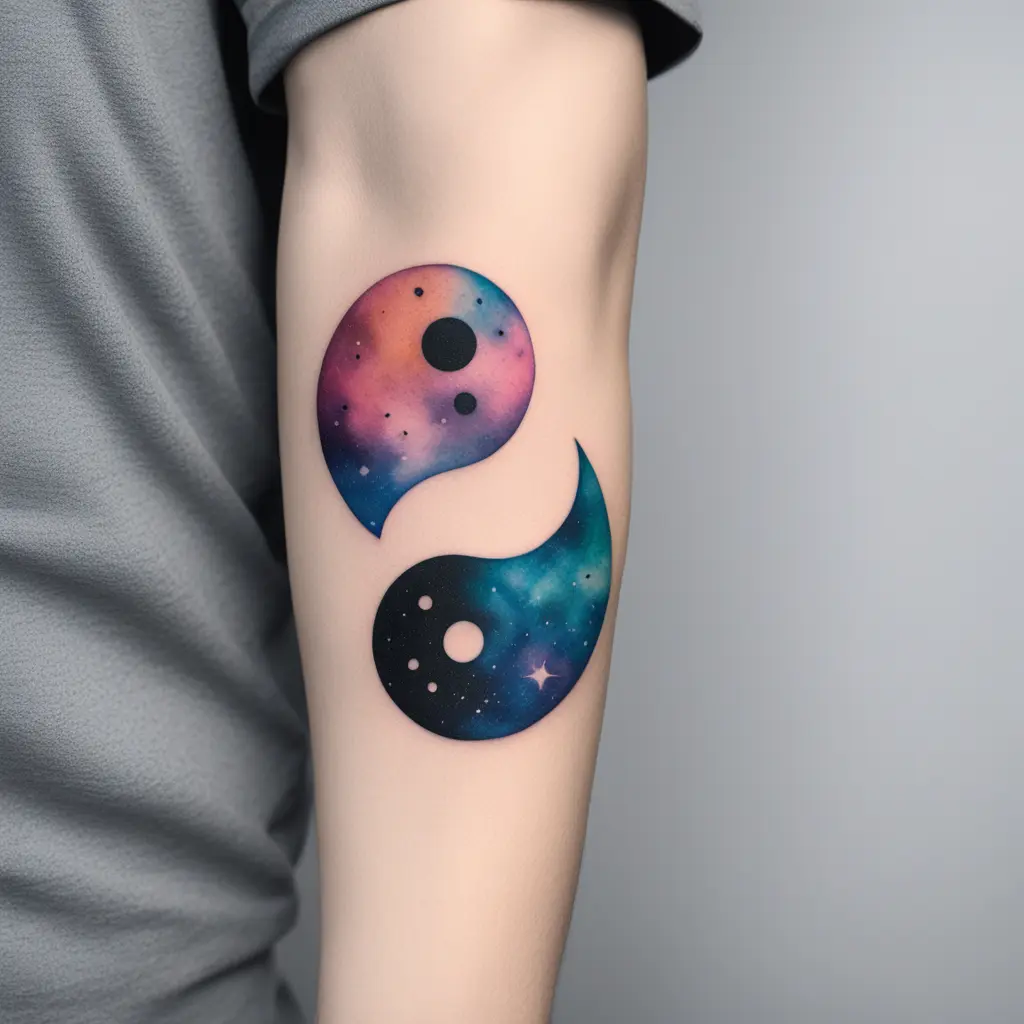 Abstract Yin Yang tattoo for two people, one carries Yin, the other Yang. Vibrant cosmic colors like galaxy dust, with flowing shapes, watercolor texture, mystical and spiritual vibe.
