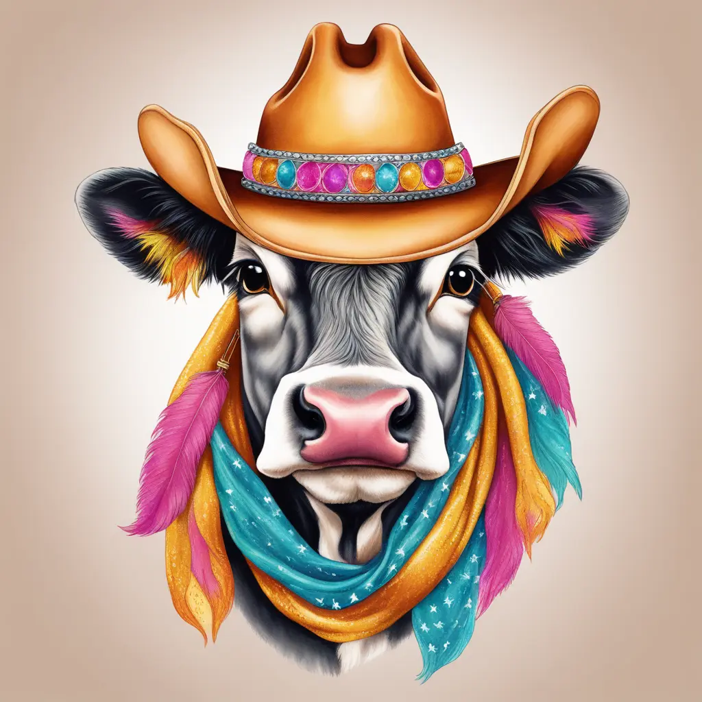 An old school colorful bougie angus cow with a cowboypink sequin cowgirl hat, an hermes scarf and big brown eyes with lashes