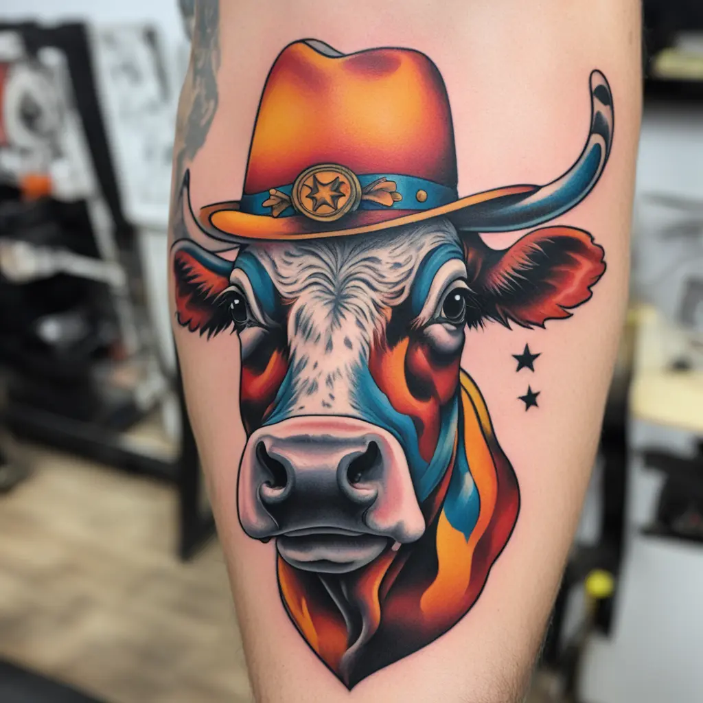 An old school cow with a hat