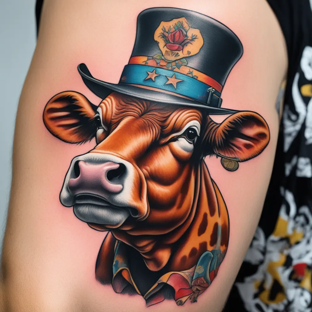 An old school cow with a hat