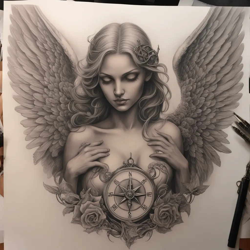 angel,heart of steel,blind eyes,compass,female demonic angel with her wings going to her back and chest,the angel must be more demonic braço inteiro