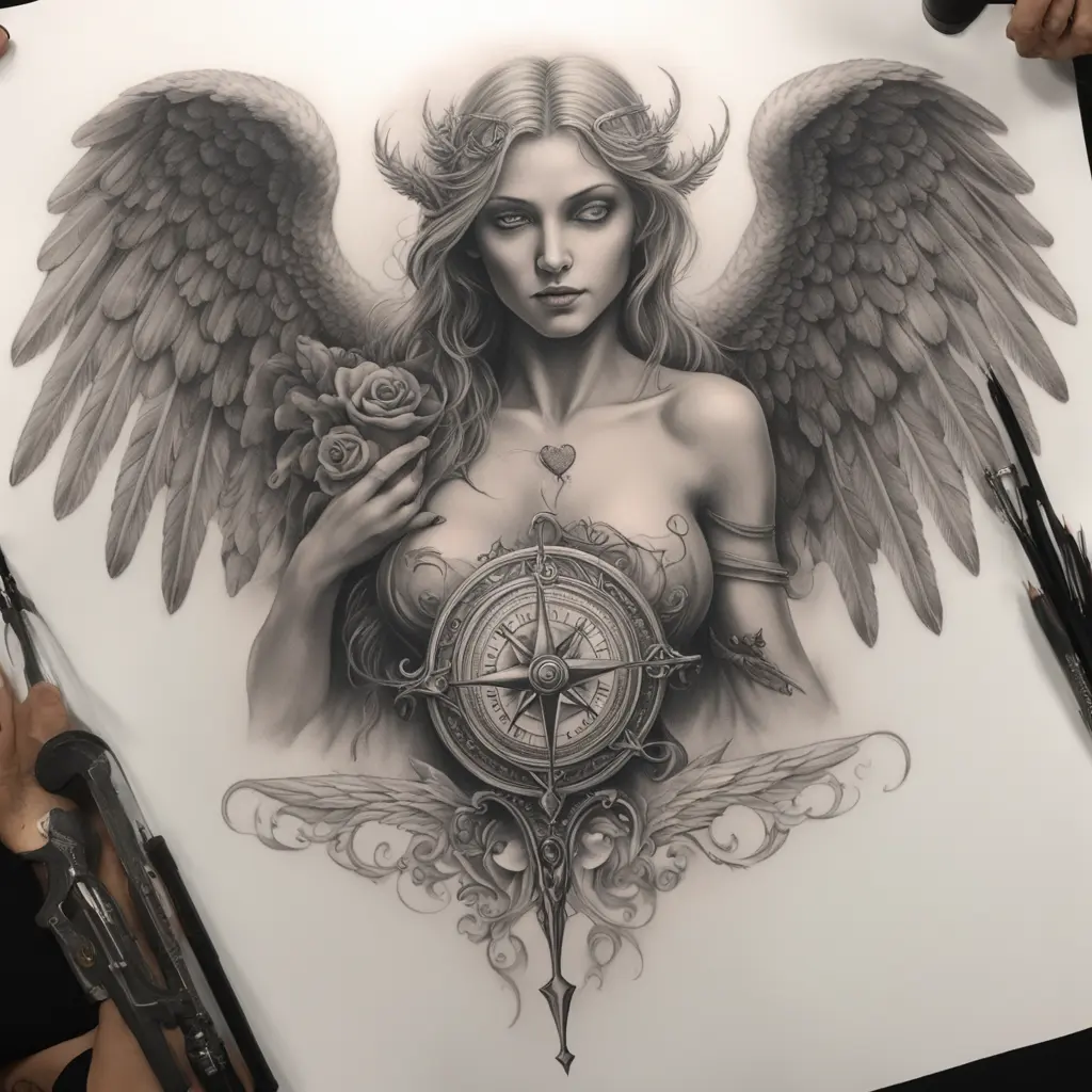 angel,heart of steel,blind eyes,compass,female demonic angel with her wings going to her back and chest,the angel must be more demonic