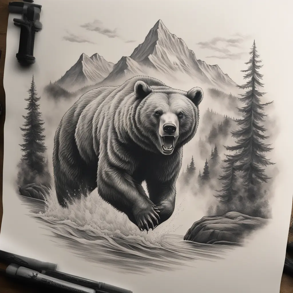 angry bear leaping out of the water with mountain smoke and trees background