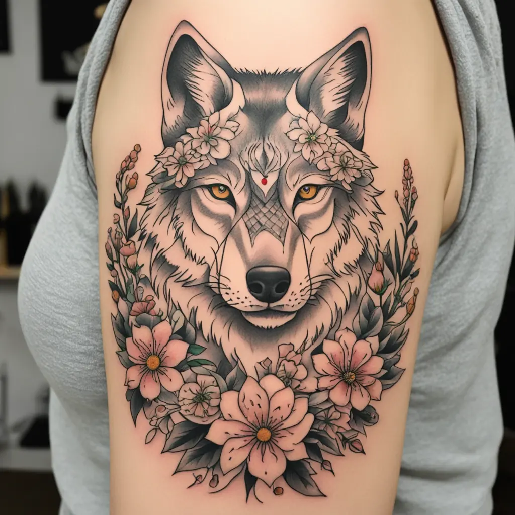 Angry wolf surrounded by flowers