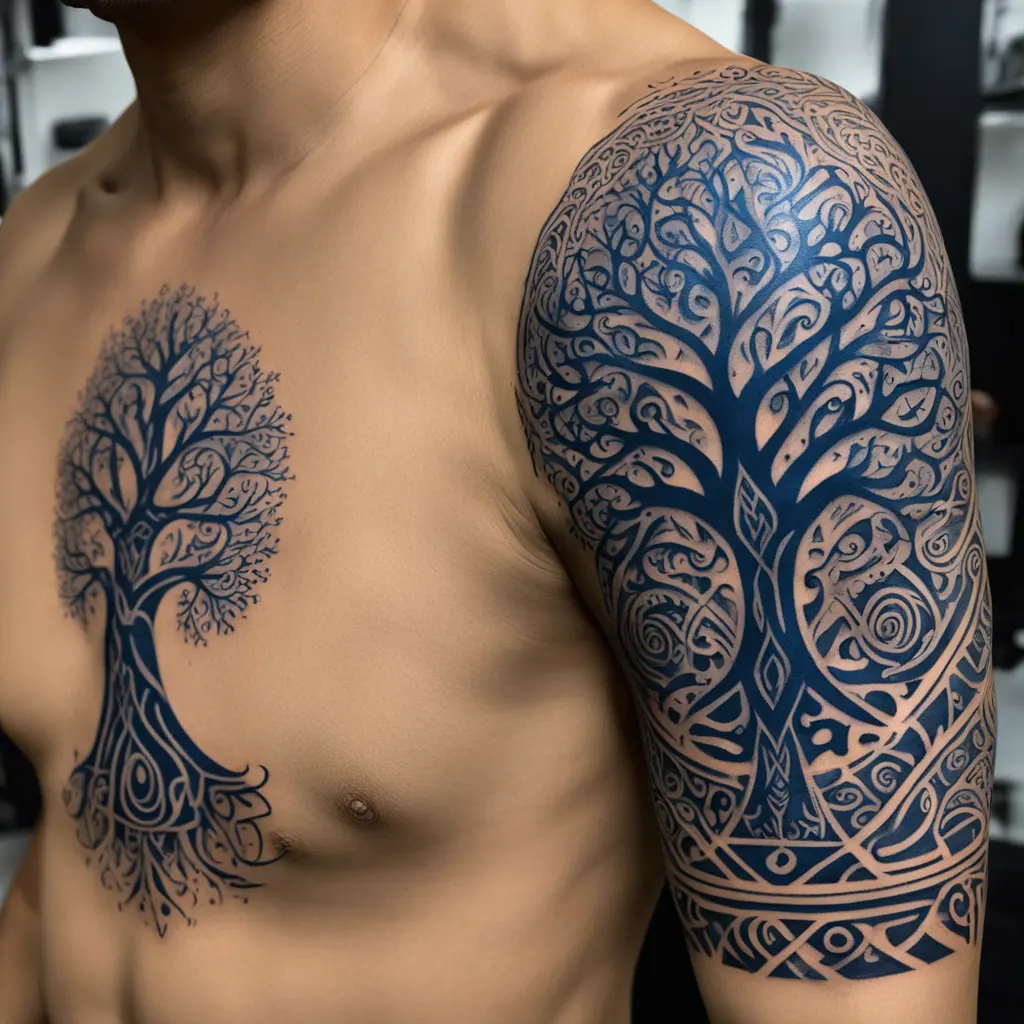 Árbol mezclado con tribal, estilo surrealismo magico
