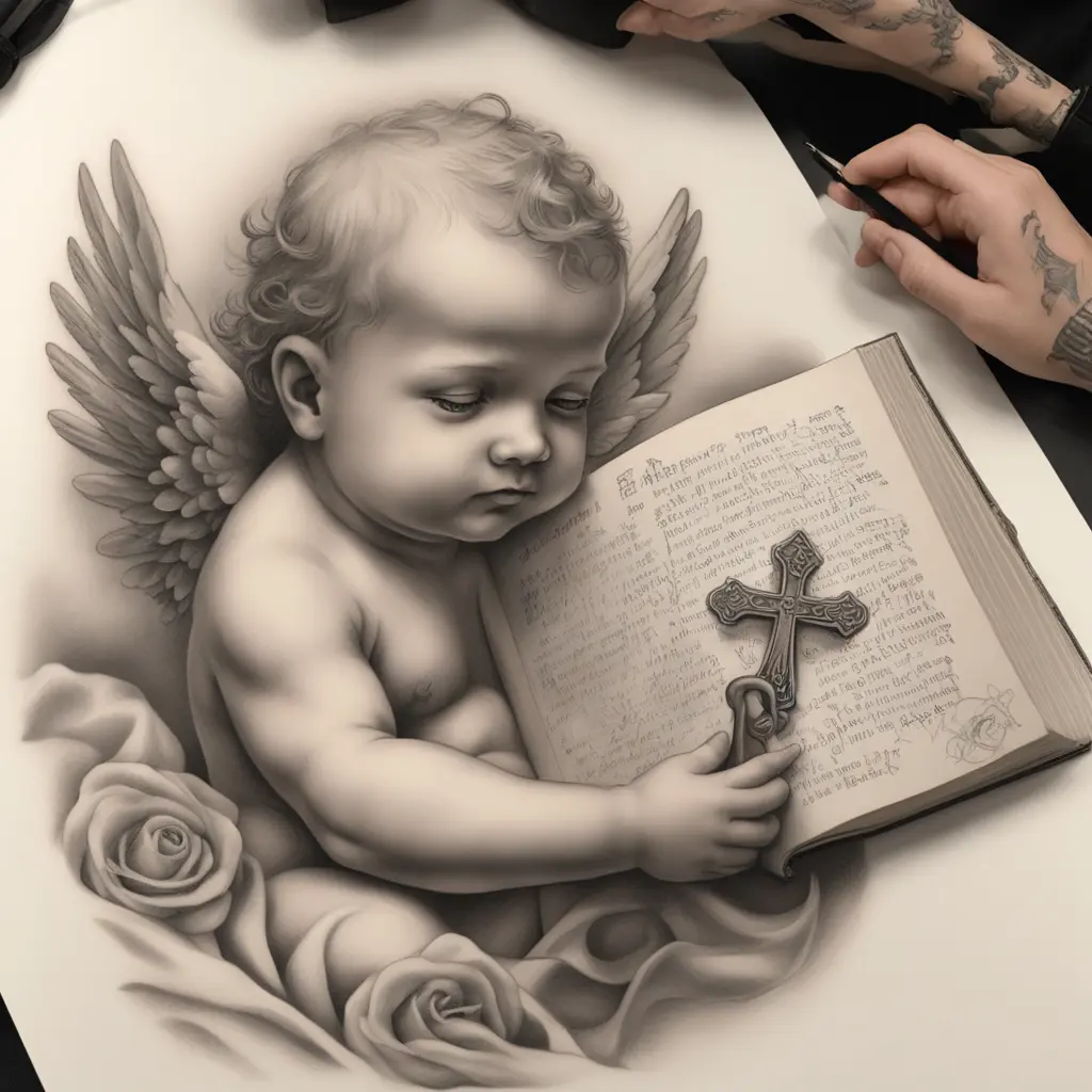 Baby angel antimation holding cross and open book with tekst Psalms 118:6 schets