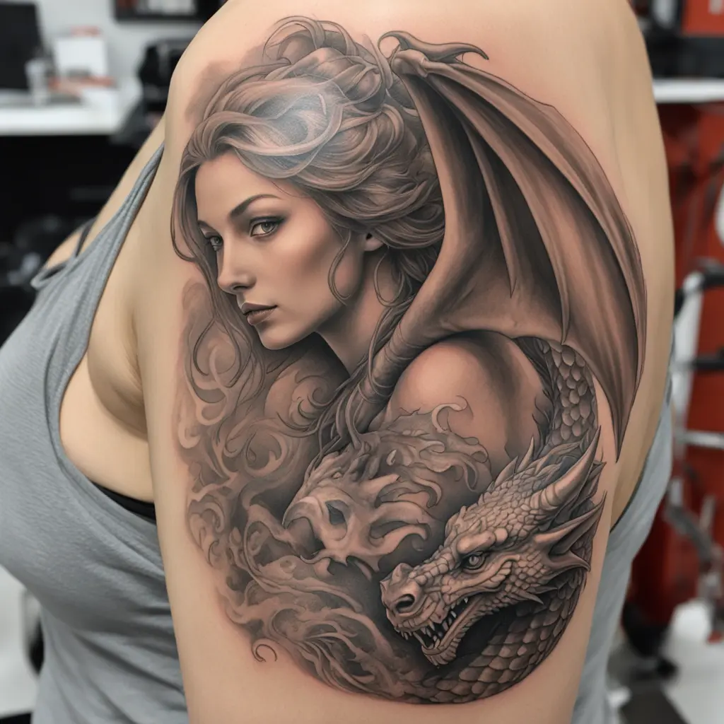 Beautiful copper haired woman riding on the back of a dragon. Upper arm