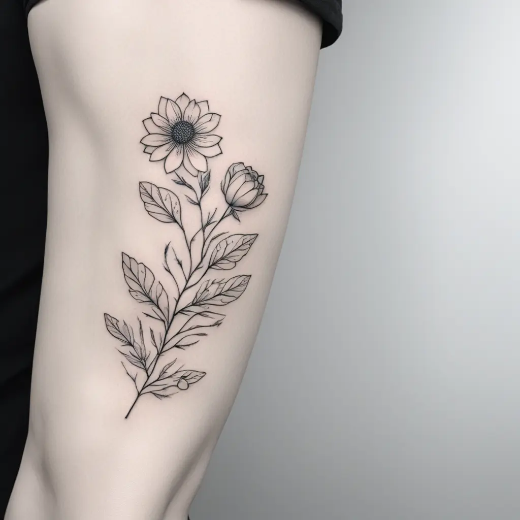 botanic flowers for a thin underarm as a blackwork tattoo. in the periphere area it should fade into foggy leaves