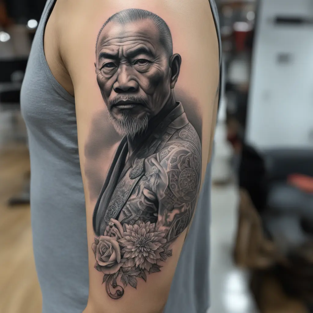 buatlah foto tanpa baju,dengan tatto yakuza duduk dikursi didepan gedung memakai celana pendek 