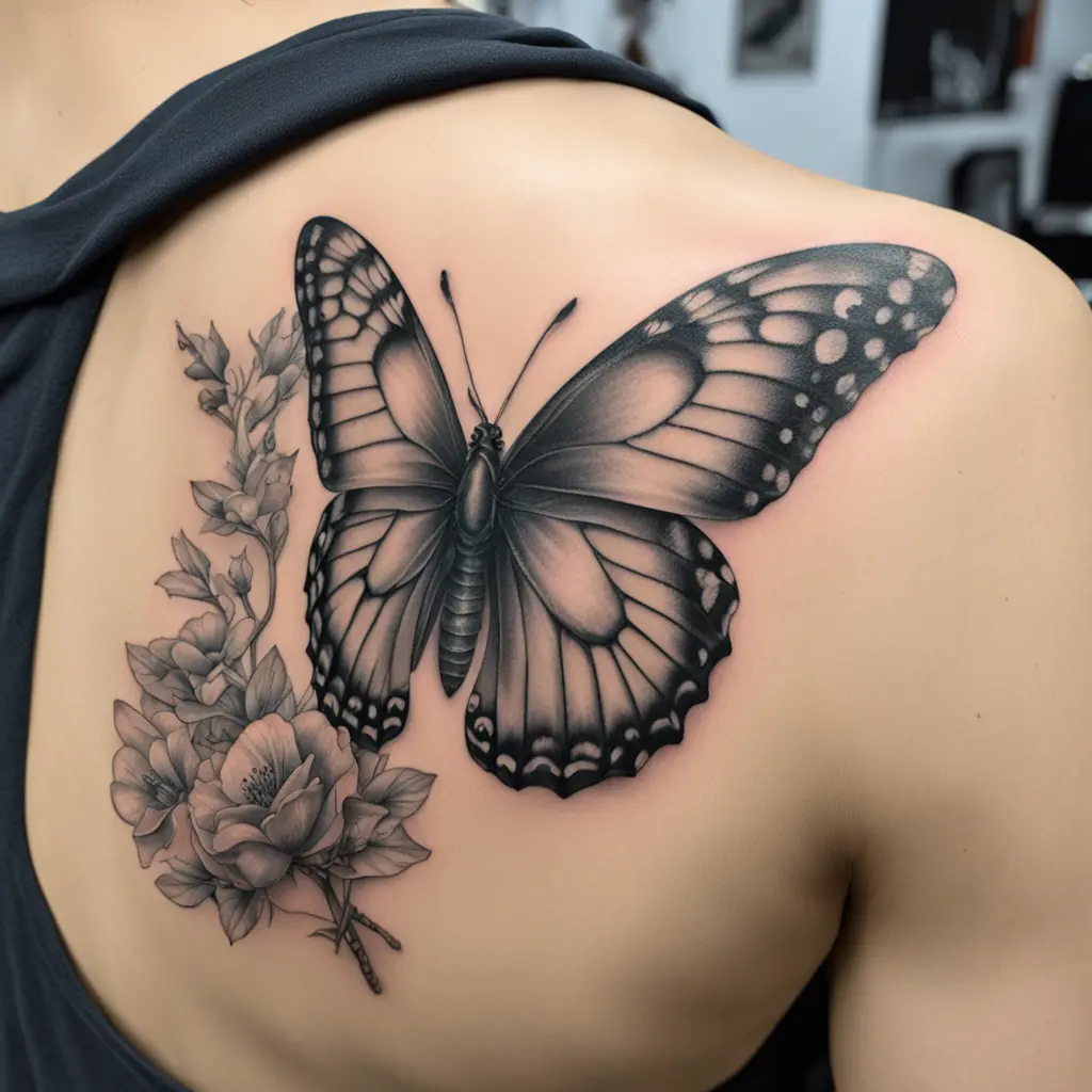 butterfly tattoo for Gemini zodiac on left shoulder