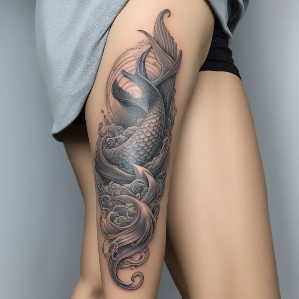 Colored Arm band tattoo by sea waves with mermaid tail, pearl clam, starfish, trudent with lightning 