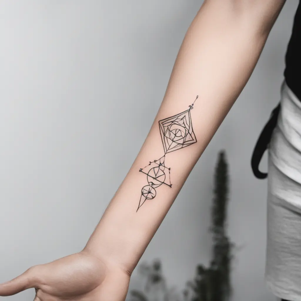  Crea un tatuaje para chico que va desde el codo hasta la muñeca de estilo geométrico minimalista con el tema de los dioses y diosas de mitología griega, todo el tatuaje tiene que tener sentido entre si