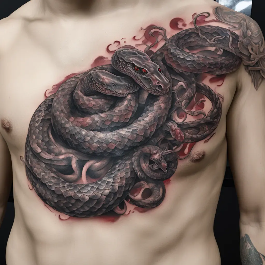 Creepy Snake tattoo on the stomach, Bones and all with some scales in a red color