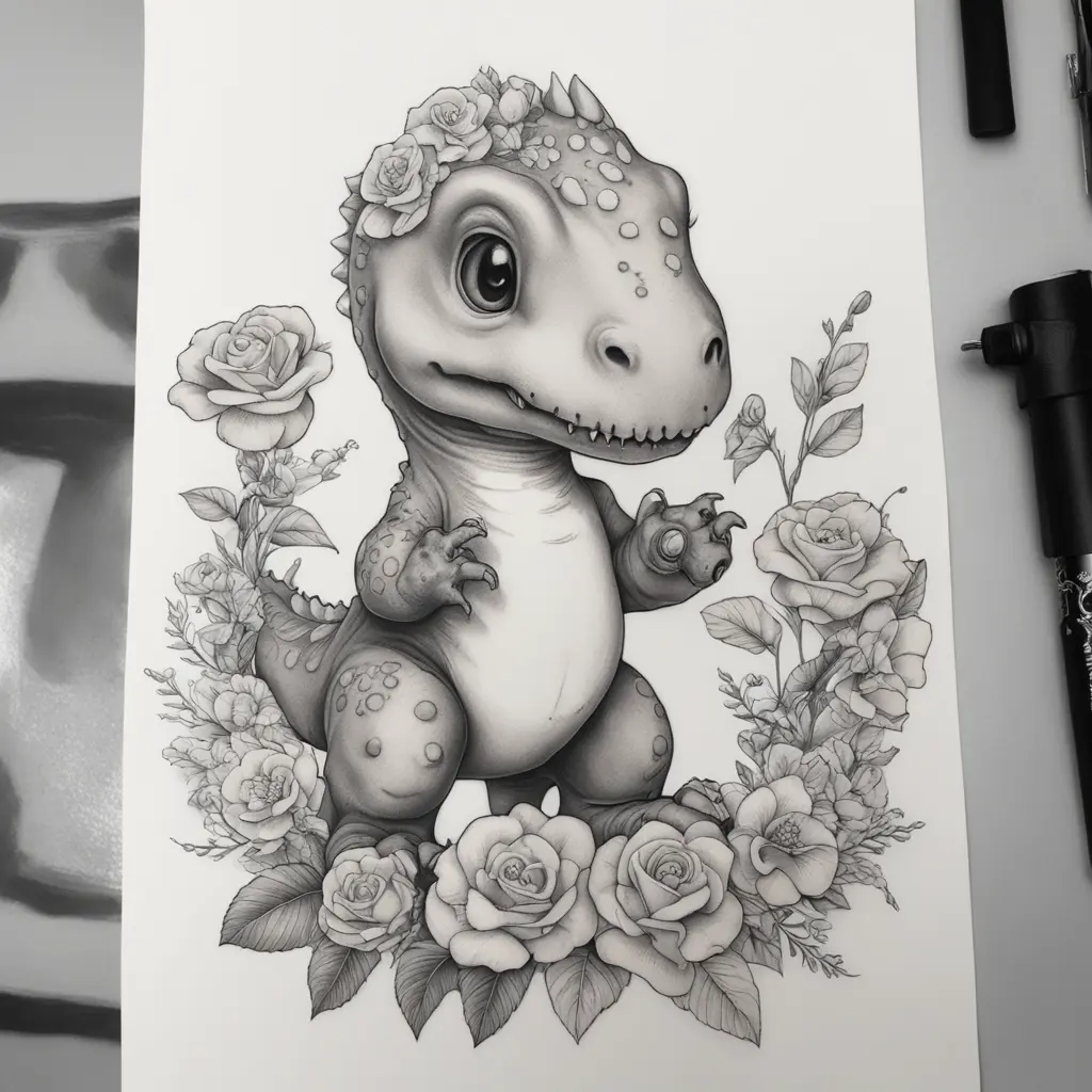 Cute little baby t-rex with flowers