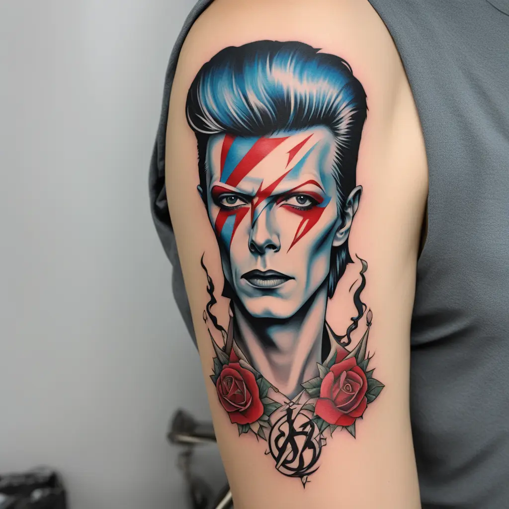 David Bowie Alladin Sane Lightning Bolt meshed with Elvis Presley TCB symbol a crown a the number 8
