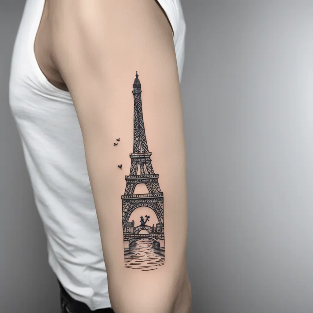 Design tattoo, with theme of Alice in wonderland. With images of Amsterdam(canal and bridge), NYC, Lisbon, Dublin, London, Paris. For a half sleeve