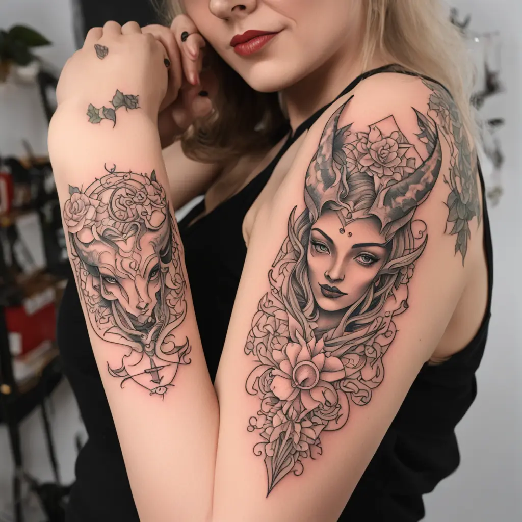 Devil and Virgo zodiac in one tattoo